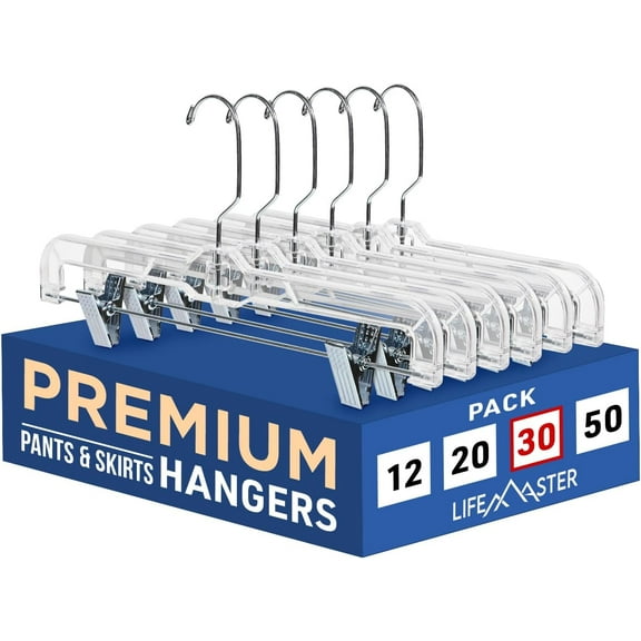 Lifemaster Clear Plastic Hangers - 30 Pieces 14 Inches Anti-Slip Space-Saving, Closet Organization Solution - Pants, Trousers, Skirts, Jeans Hangers with 360° Swivel Hook and Adjustable Clips - Clear