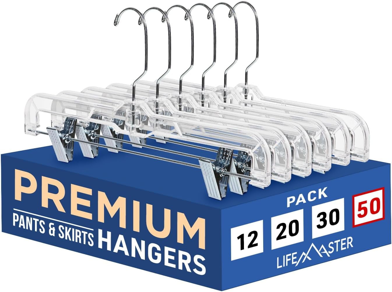 Lifemaster Clear Plastic Hangers - 50 Pieces 14 Inches Anti-Slip Space-Saving, Closet Organization Solution - Pants, Trousers, Skirts, Jeans Hangers with 360° Swivel Hook and Adjustable Clips - Clear