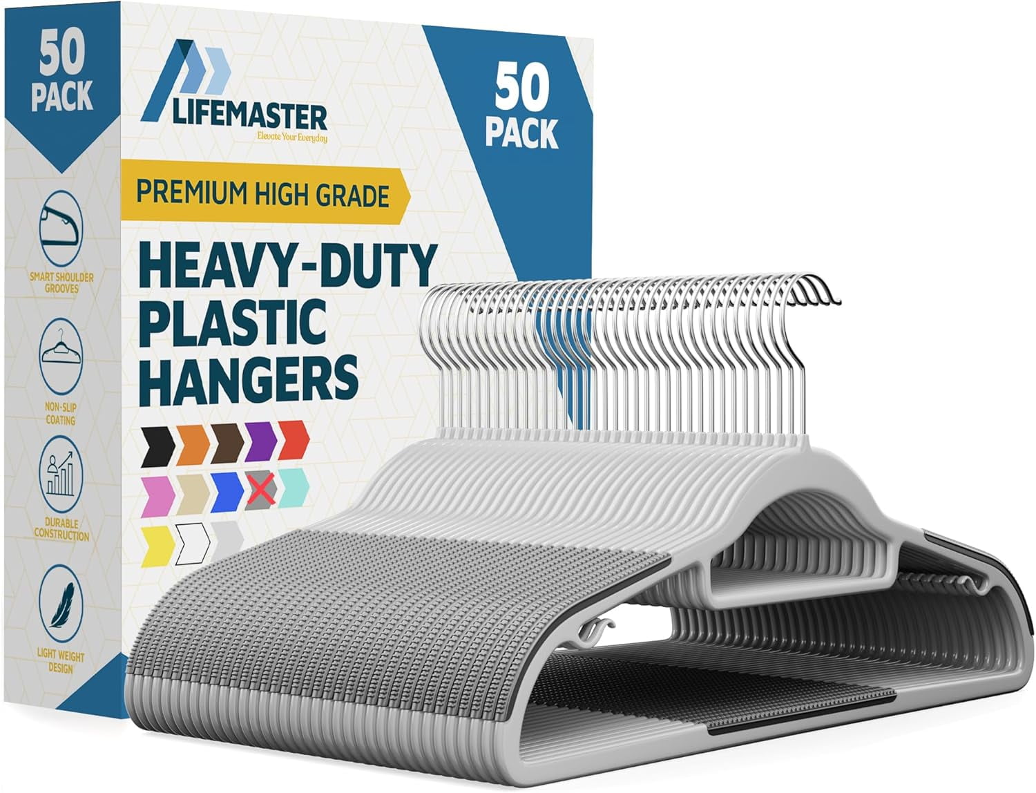 Lifemaster Durable Non-Slip Clothes Hangers - Premium Set of 50 Sturdy Gray Plastic with Smooth 360° Swivel Hooks & Built-In Accessories Hang Coats Jackets and Expensive Garments Stress Free Hanging