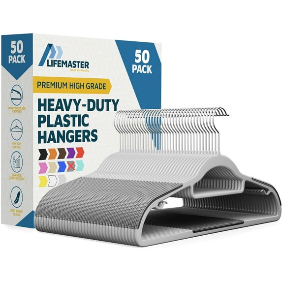 Lifemaster Durable Non-Slip Clothes Hangers - Premium Set of 50 Sturdy Gray Plastic with Smooth 360° Swivel Hooks & Built-In Accessories Hang Coats Jackets and Expensive Garments Stress Free Hanging