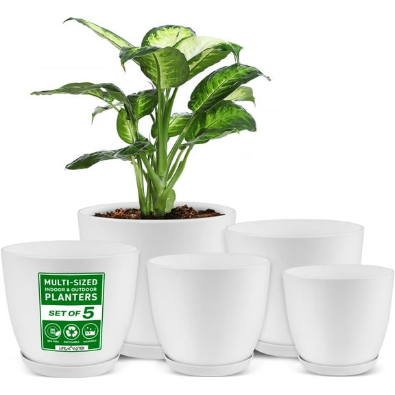 Lifemaster Eco friendly Plant Pot Set - Home Decor Flower Indoor and Outdoor Plastic Pots with Drainage Holes, Assorted Sizes (7", 6.6", 6", 5.3", 4.8") - Pack of 5