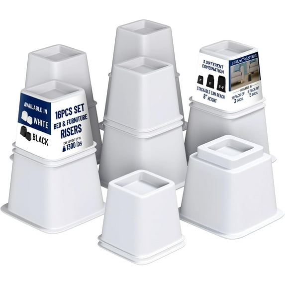 Lifemaster Furniture Riser Set - 16 Pieces Non-slip Design Furniture Leg Riser fits with Bed, Chair, Table, Sofa, Desk, and Couches - White