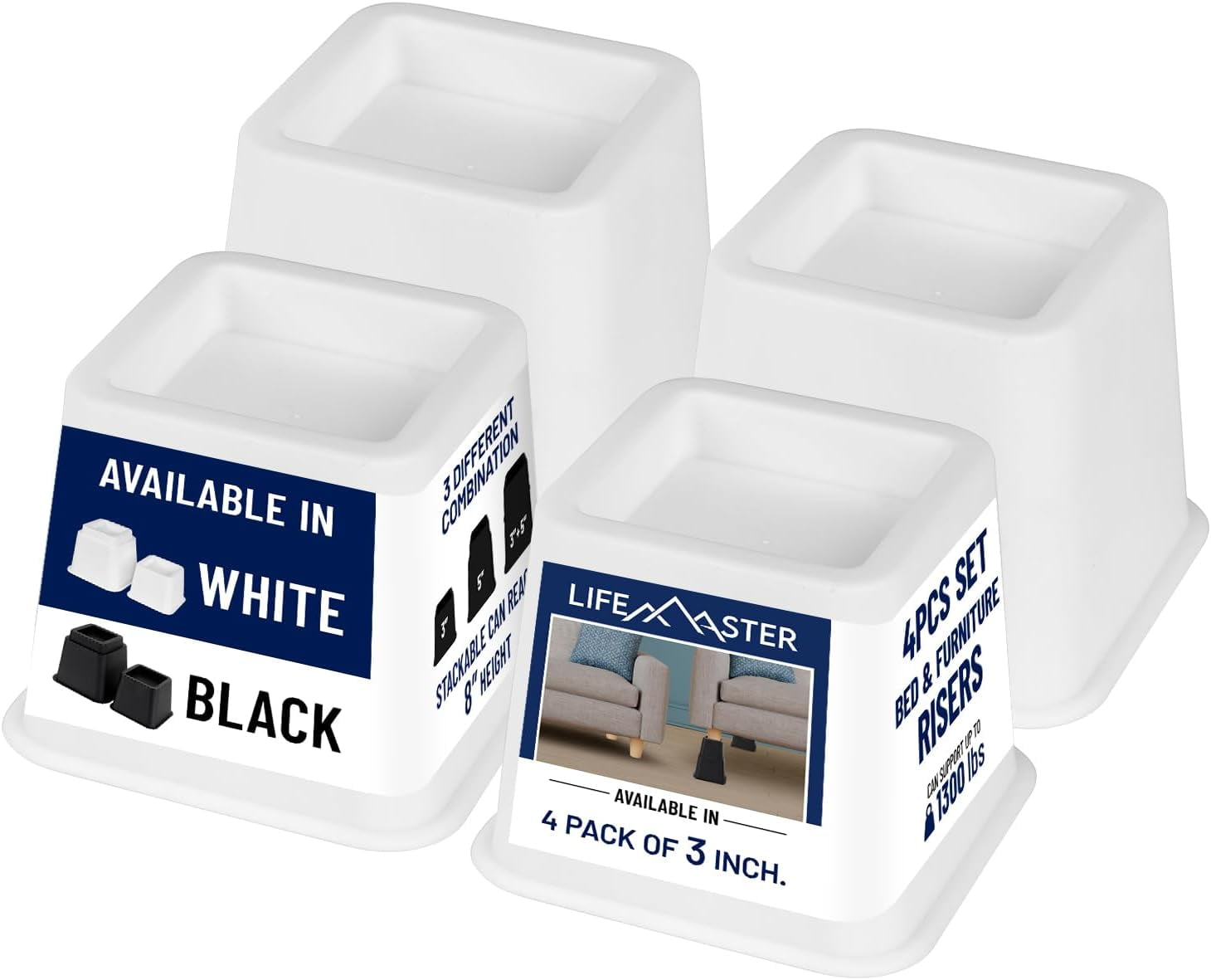 Lifemaster Furniture Riser Set - 4 Pieces Non-slip Design Furniture Leg ...