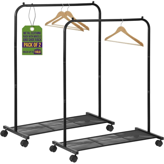 Lifemaster Metal Clothes Rack - Pack of 2 Versatile, Ample Storage Space, Simple Assembly, Hanging Garment and Clothes Rolling Rack with Wheels - Black