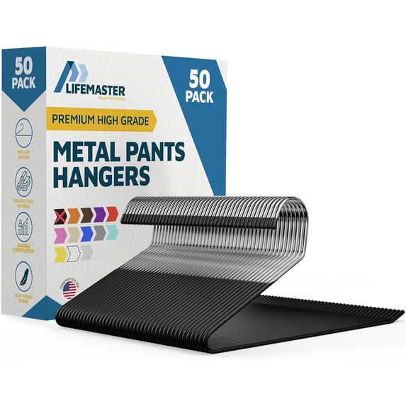 Metal Pants Hanger Set - 50 Pieces Elegant Non-Slip Closet Space Saving Hanger Set for Pants, Trouser, Blankets, and Jeans with Open Ended Sleek Design - Black