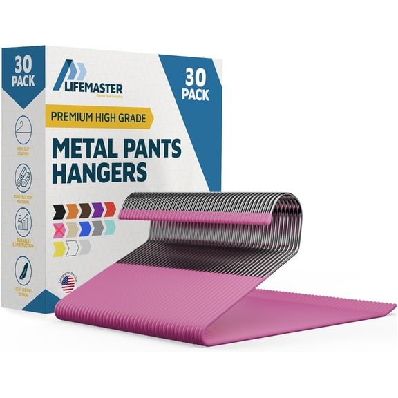 Metal Pants Hanger Set - 30 Pieces Elegant Non-Slip Closet Space Saving Hanger Set for Pants, Trouser, Blankets, and Jeans with Open Ended Sleek Design - Pink