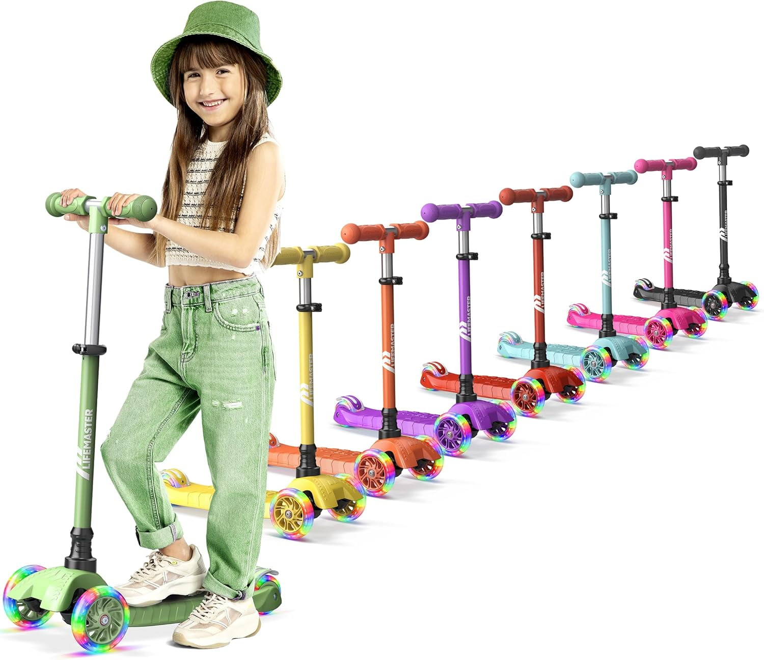 Lifemaster Mini 3-Wheel Kids Scooter with LED Wheel Lights, 4-Height Adjustable Handlebar, Wide Anti-Slip Deck, Safety Certified, Ages 2+, 110 lb Capacity