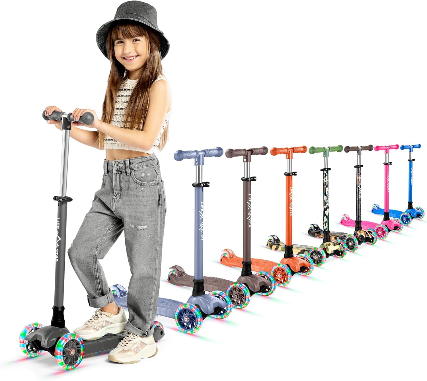 Lifemaster Mini 3-Wheel Kids Scooter with Multi-Color Wheel Lights – 4-Height Adjustable Handlebar, Wide Anti-Slip Deck, Child Safety Certified, Boys & Girls Ages 2+ Supports Up to 110 lbs