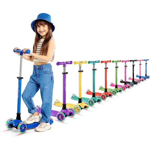 Lifemaster Mini 3-Wheel Kids Scooter with Multi-Color Wheel Lights – 4-Height Adjustable Handlebar, Wide Anti-Slip Deck, Child Safety Certified, Boys & Girls Ages 2+ Supports Up to 110 lbs