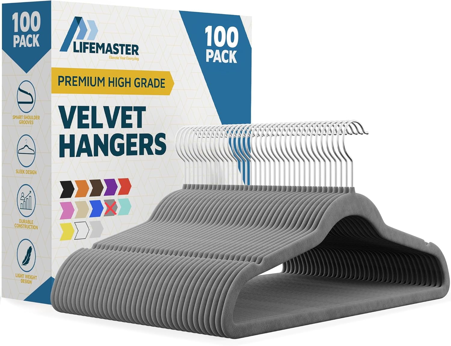 Lifemaster Velvet Clothes Hangers – With 360 Degree Swivel Hook & Non-Slip Shoulder Notch, Holds Up To 10 lbs, Heavy Duty Hanger Set, For Organizing Suit, Dress, Coat, & Clothes, Pack of 100, Gray