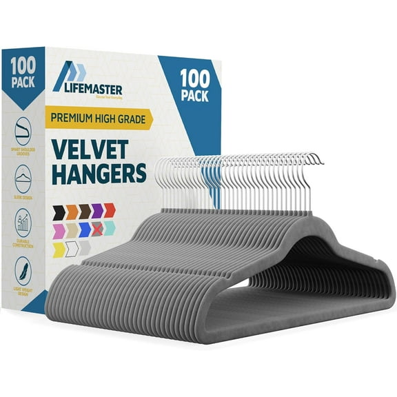 Lifemaster Velvet Clothes Hangers – With 360 Degree Swivel Hook & Non-Slip Shoulder Notch, Holds Up To 10 lbs, Heavy Duty Hanger Set, For Organizing Suit, Dress, Coat, & Clothes, Pack of 100, Gray