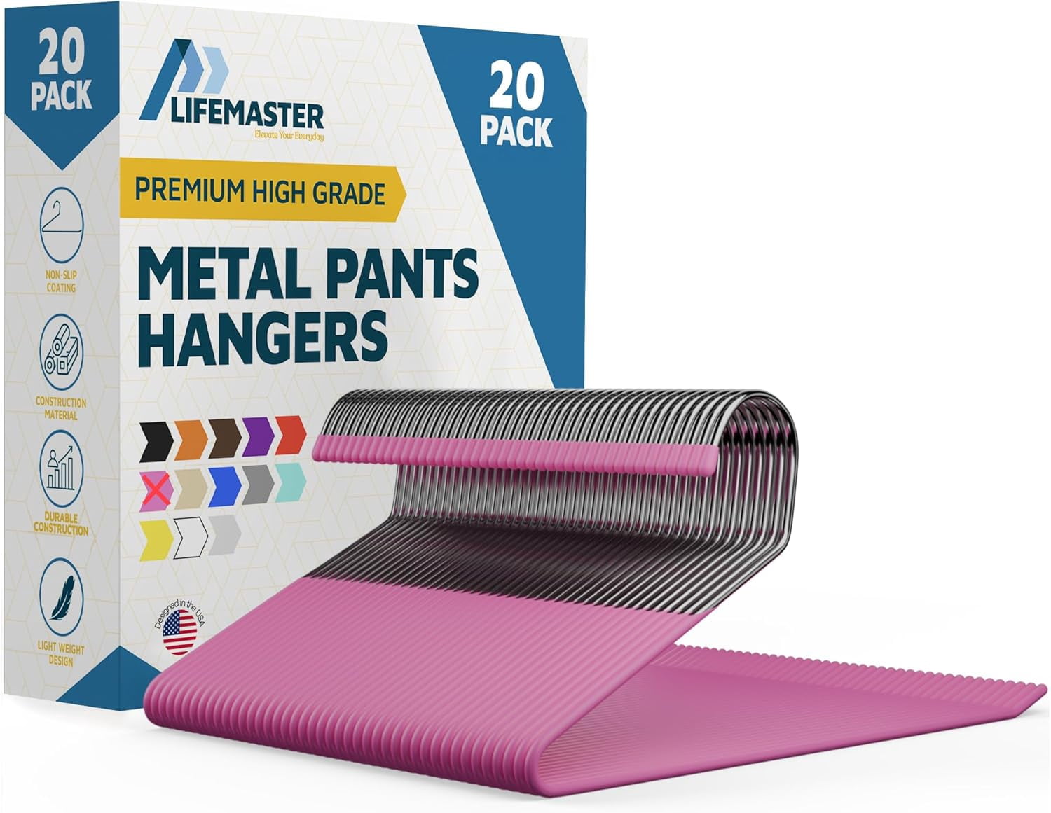 Metal Pants Hanger Set - 20 Pieces Elegant Non-Slip Closet Space Saving Hanger Set for Pants, Trouser, Blankets, and Jeans with Open Ended Sleek Design - Pink
