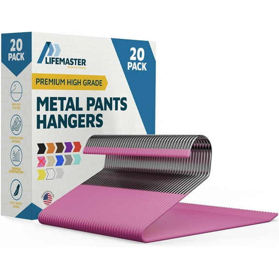 Metal Pants Hanger Set - 20 Pieces Elegant Non-Slip Closet Space Saving Hanger Set for Pants, Trouser, Blankets, and Jeans with Open Ended Sleek Design - Pink