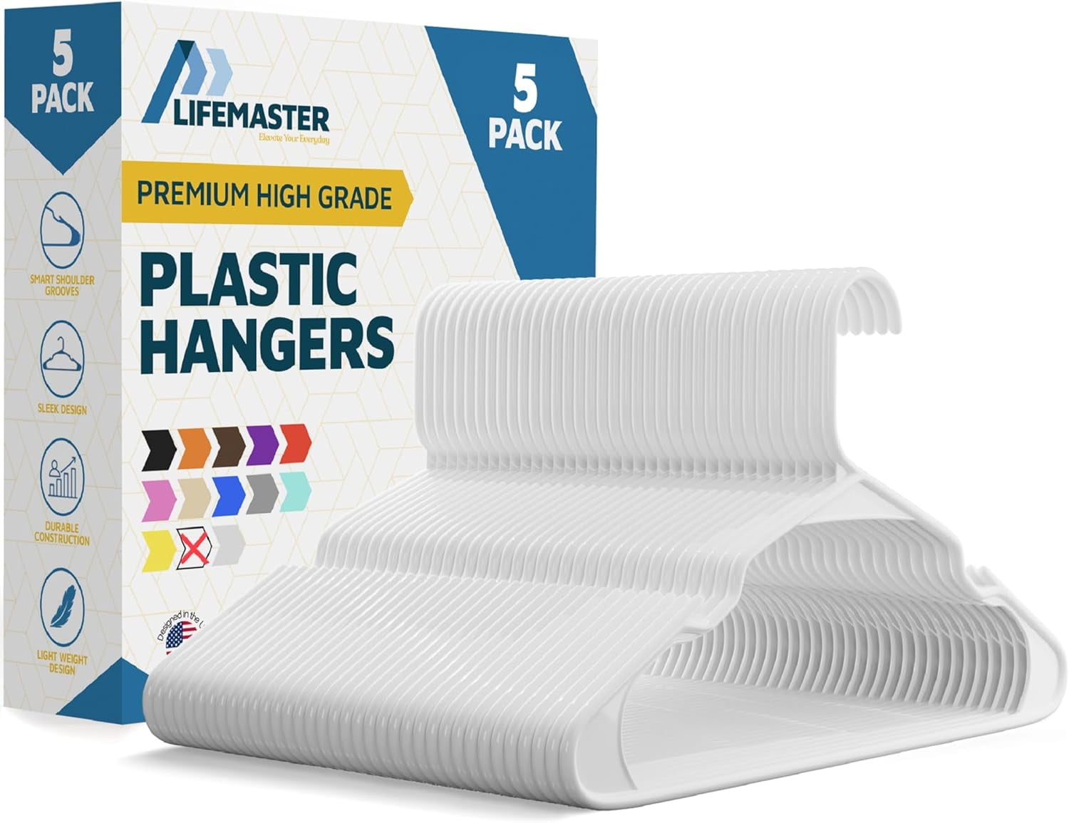 Plastic Clothes Hanger Set - 5 Pieces Versatile, Lightweight, Space-Saving, Non-Slip, Slim Designed, Dry and Wet Clothes Hanger Set - White