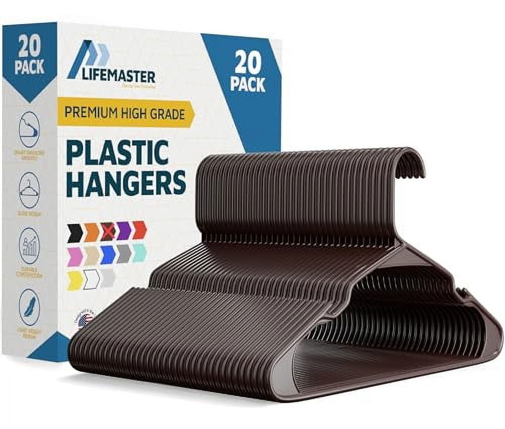 Lifemaster Plastic Clothes Hangers – Heavy Duty Hanger Set, For Organizing Clothes, Dresses, and Coat, Holds Up To 5 lbs, Space-saving Hangers with Non-Slip Shoulder Grooves, Pack of 20, Brown
