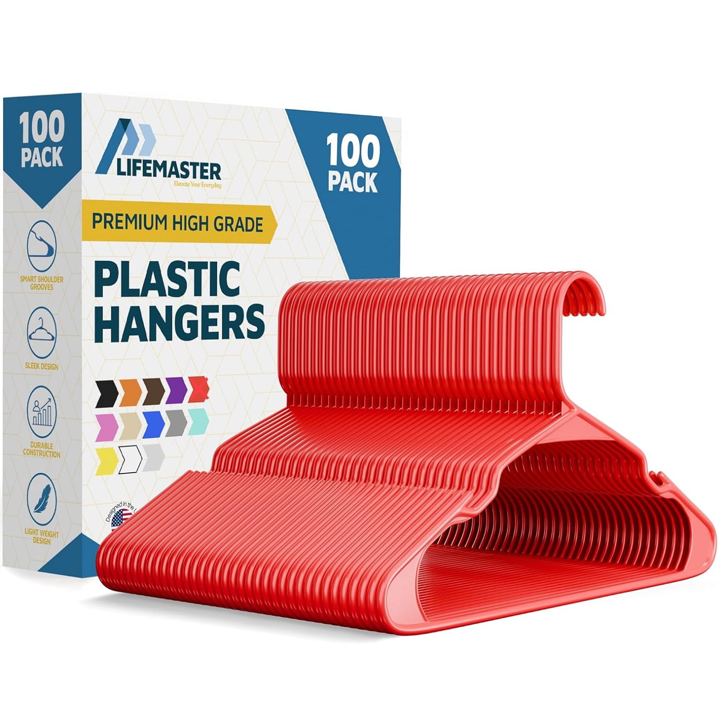 Lifemaster Plastic Clothes Hangers – Heavy Duty Hanger Set, For Organizing Clothes, Dresses, and Coat, Holds Up To 5 lbs, Space-saving Hangers with Non-Slip Shoulder Grooves, Pack of 100, Red