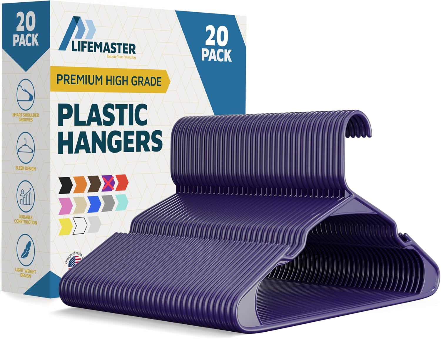 Lifemaster Plastic Clothes Hangers – Heavy Duty Hanger Set, For Organizing Clothes, Dresses, and Coat, Holds Up To 5 lbs, Space-saving Hangers with Non-Slip Shoulder Grooves, Pack of 20, Purple