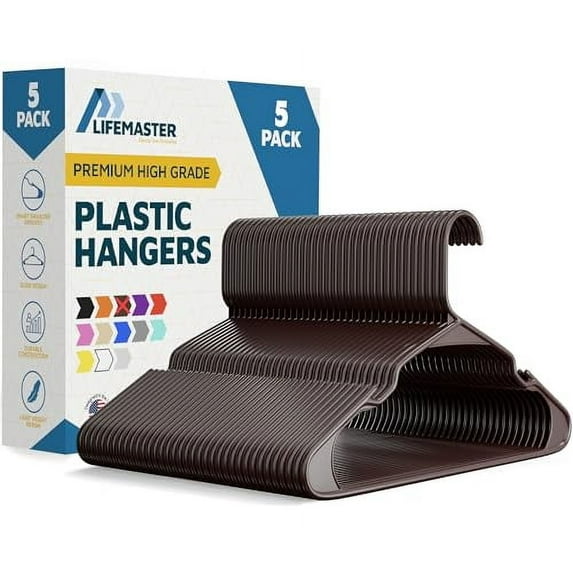 Lifemaster Plastic Clothes Hangers – Heavy Duty Hanger Set, For Organizing Clothes, Dresses, and Coat, Holds Up To 5 lbs, Space-saving Hangers with Non-Slip Shoulder Grooves, Pack of 5, Brown
