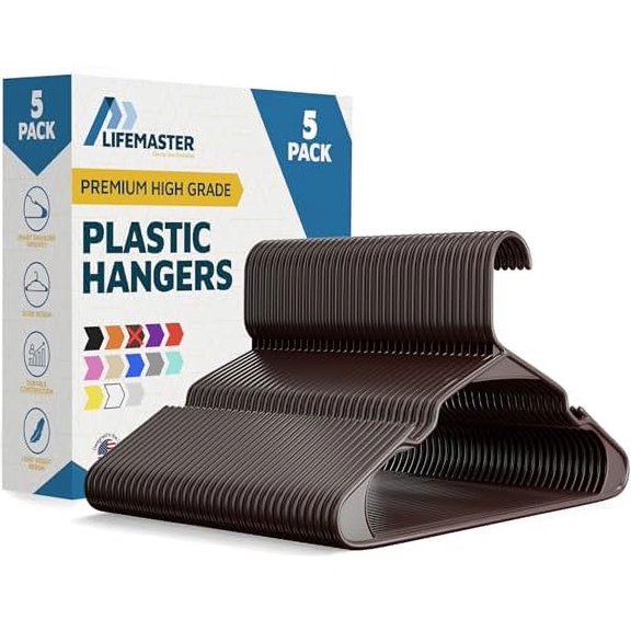 Lifemaster Plastic Clothes Hangers – Heavy Duty Hanger Set, For Organizing Clothes, Dresses, and Coat, Holds Up To 5 lbs, Space-saving Hangers with Non-Slip Shoulder Grooves, Pack of 5, Brown