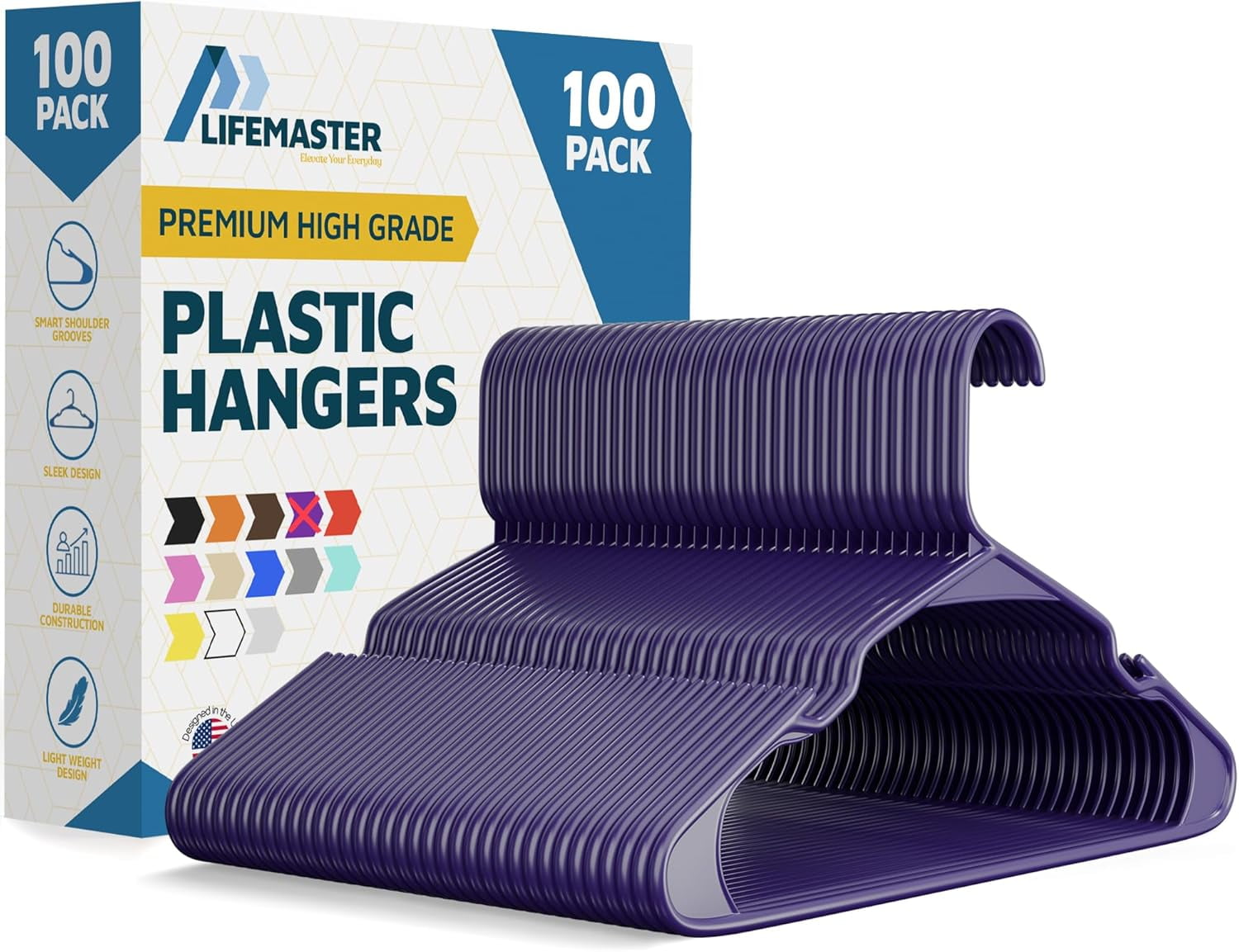 Lifemaster Plastic Clothes Hangers – Heavy Duty Hanger Set, For Organizing Clothes, Dresses, and Coat, Holds Up To 5 lbs, Space-saving Hangers with Non-Slip Shoulder Grooves, Pack of 100, Purple