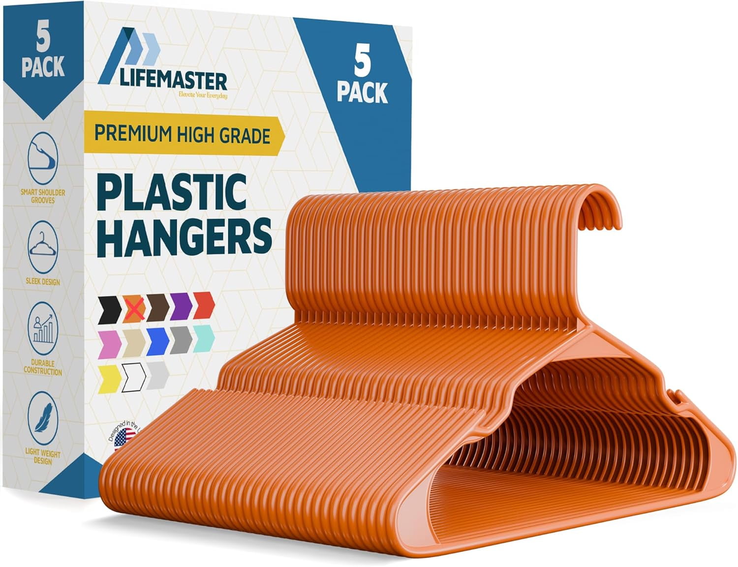Lifemaster Plastic Clothes Hangers – Heavy Duty Hanger Set, For Organizing Clothes, Dresses, and Coat, Holds Up To 5 lbs, Space-saving Hangers with Non-Slip Shoulder Grooves, Pack of 5, Orange