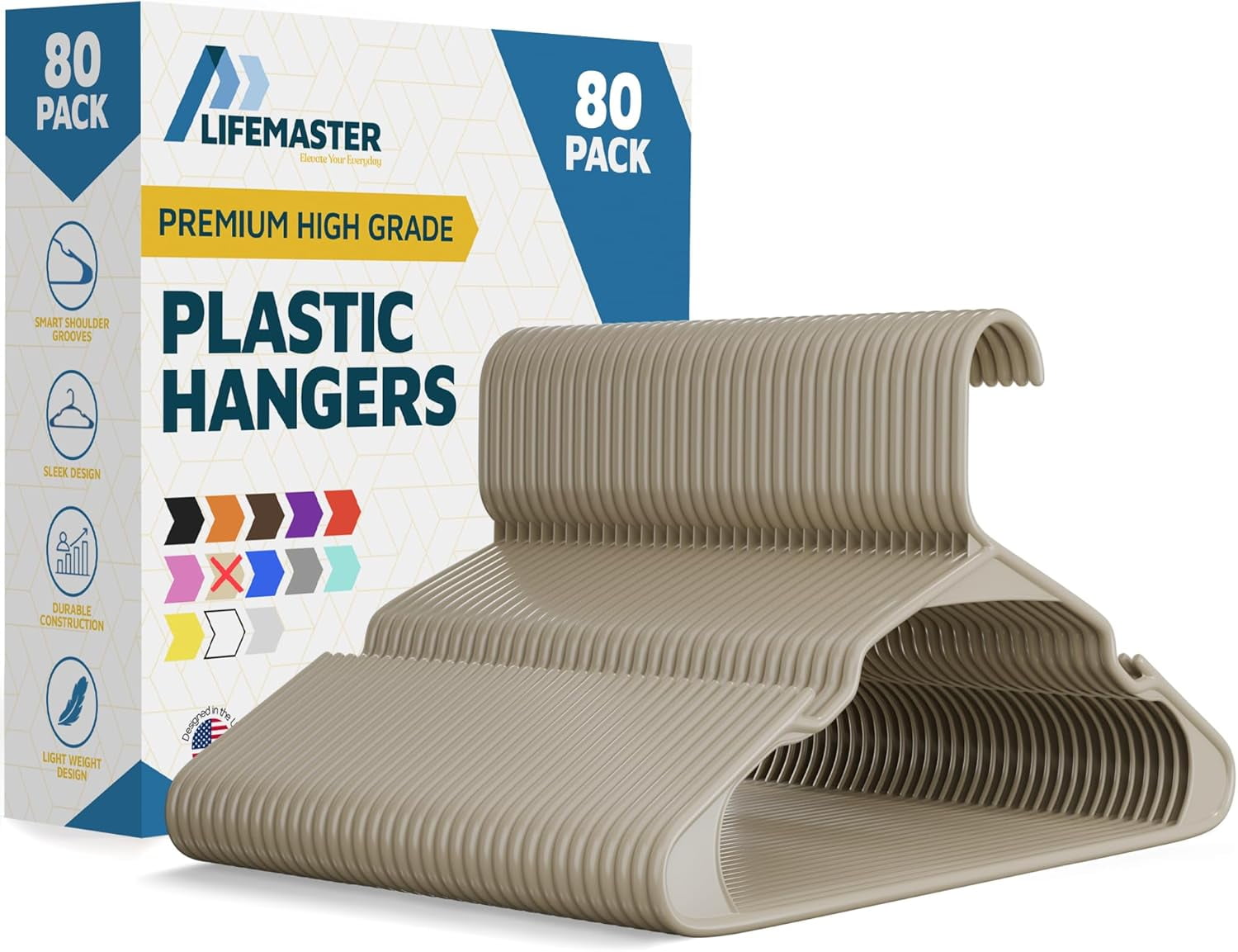 Lifemaster Plastic Clothes Hangers – Heavy Duty Hanger Set, For Organizing Clothes, Dresses, and Coat, Holds Up To 5 lbs, Space-saving Hangers with Non-Slip Shoulder Grooves, Pack of 80, Ivory