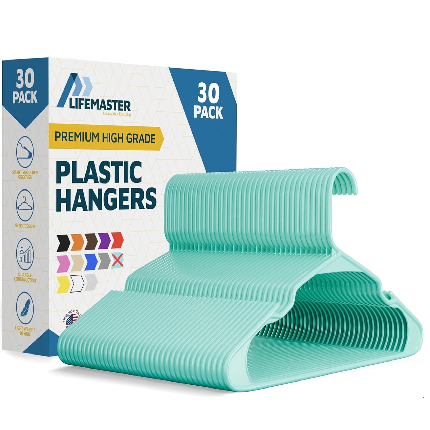 Lifemaster Plastic Clothes Hangers – Heavy Duty Hanger Set, For Organizing Clothes, Dresses, and Coat, Holds Up To 5 lbs, Space-saving Hangers with Non-Slip Shoulder Grooves, Pack of 30, Aqua