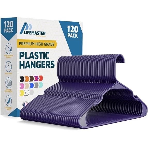 Lifemaster Plastic Clothes Hangers – Heavy Duty Hanger Set, For Organizing Clothes, Dresses, and Coat, Holds Up To 5 lbs, Space-saving Hangers with Non-Slip Shoulder Grooves, Pack of 120, Purple