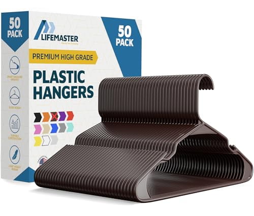 Lifemaster Plastic Clothes Hangers – Heavy Duty Hanger Set, For Organizing Clothes, Dresses, and Coat, Holds Up To 5 lbs, Space-saving Hangers with Non-Slip Shoulder Grooves, Pack of 50, Brown