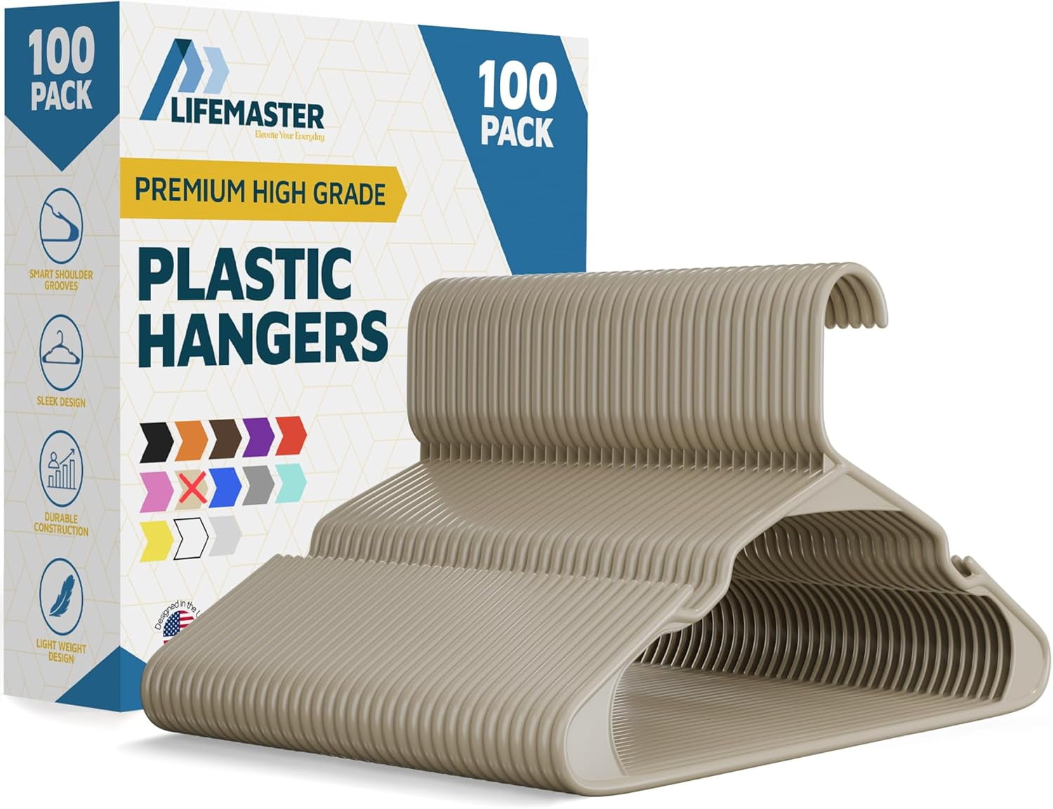 Lifemaster Plastic Clothes Hangers – Heavy Duty Hanger Set, For Organizing Clothes, Dresses, and Coat, Holds Up To 5 lbs, Space-saving Hangers with Non-Slip Shoulder Grooves, Pack of 100, Ivory