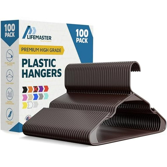 Lifemaster Plastic Clothes Hangers – Heavy Duty Hanger Set, For Organizing Clothes, Dresses, and Coat, Holds Up To 5 lbs, Space-saving Hangers with Non-Slip Shoulder Grooves, Pack of 100, Brown