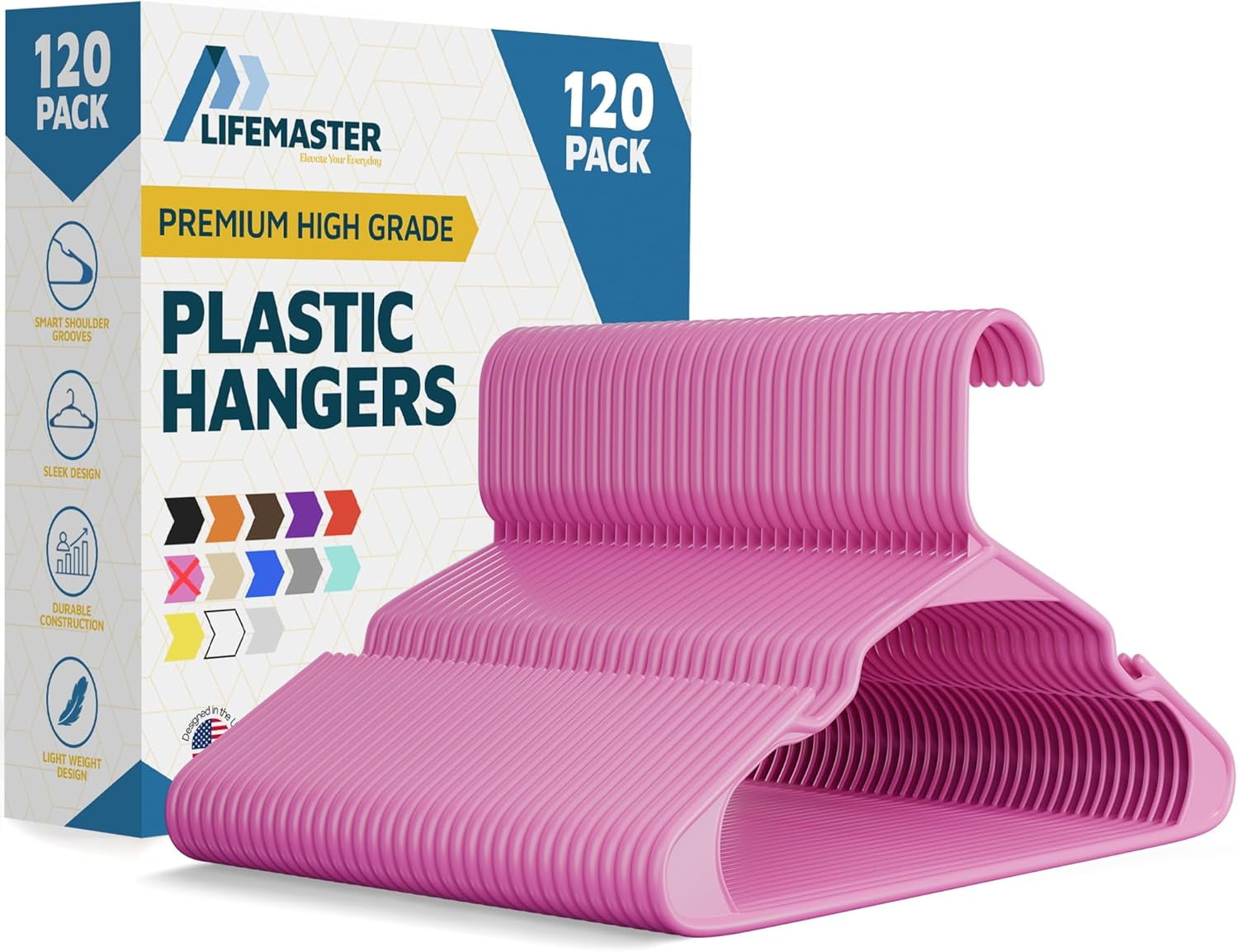 Lifemaster Plastic Clothes Hangers – Heavy Duty Hanger Set, For Organizing Clothes, Dresses, and Coat, Holds Up To 5 lbs, Space-saving Hangers with Non-Slip Shoulder Grooves, Pack of 120, Pink