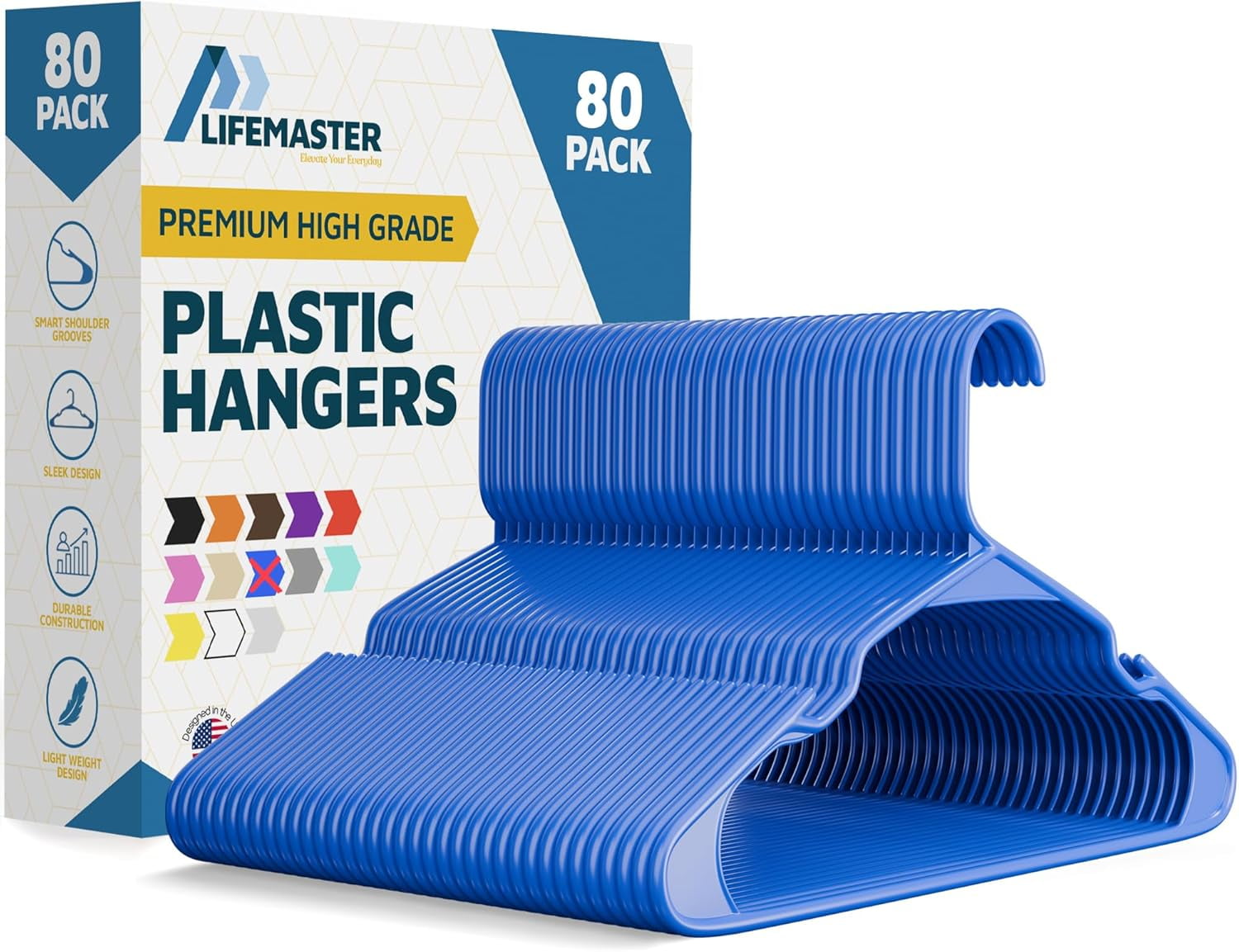 Lifemaster Plastic Clothes Hangers – Heavy Duty Hanger Set, For Organizing Clothes, Dresses, and Coat, Holds Up To 5 lbs, Space-saving Hangers with Non-Slip Shoulder Grooves, Pack of 80, Blue