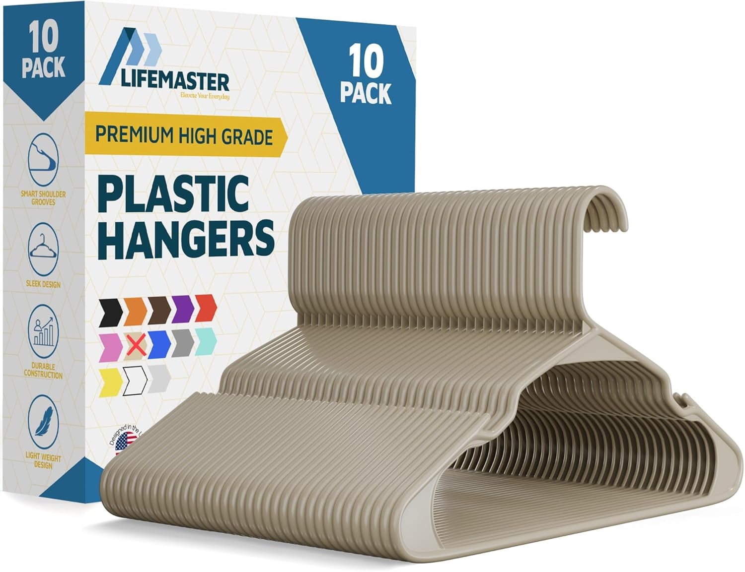 Lifemaster Heavy Duty Plastic Hangers (10-Pack, Ivory) - Non-Slip, Space-Saving For Closet