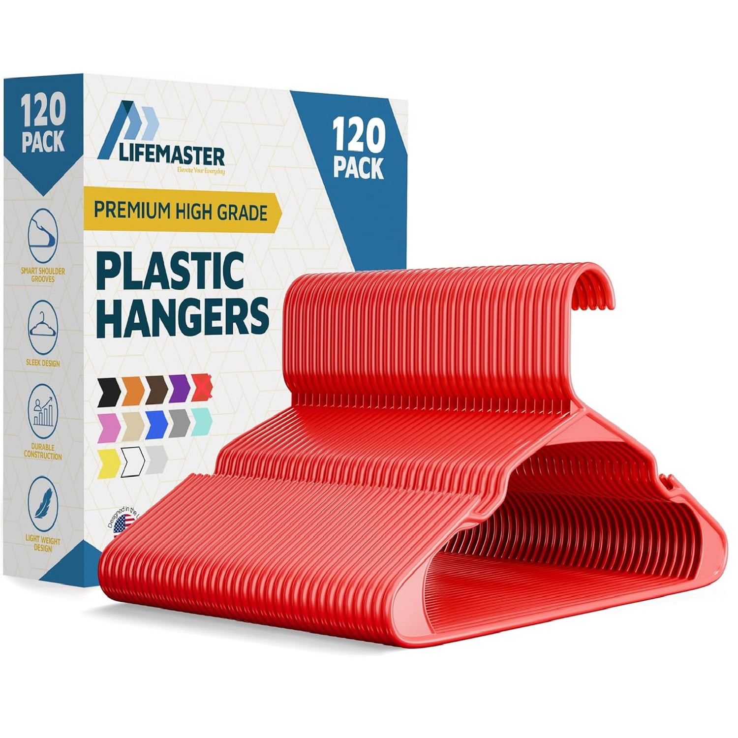 Lifemaster Plastic Clothes Hangers – Heavy Duty Hanger Set, For Organizing Clothes, Dresses, and Coat, Holds Up To 5 lbs, Space-saving Hangers with Non-Slip Shoulder Grooves, Pack of 120, Red