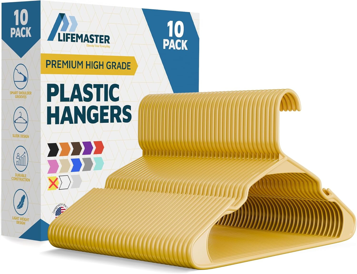 Lifemaster Plastic Clothes Hangers – Heavy Duty Hanger Set, For Organizing Clothes, Dresses, and Coat, Holds Up To 5 lbs, Space-saving Hangers with Non-Slip Shoulder Grooves, Pack of 10, Yellow