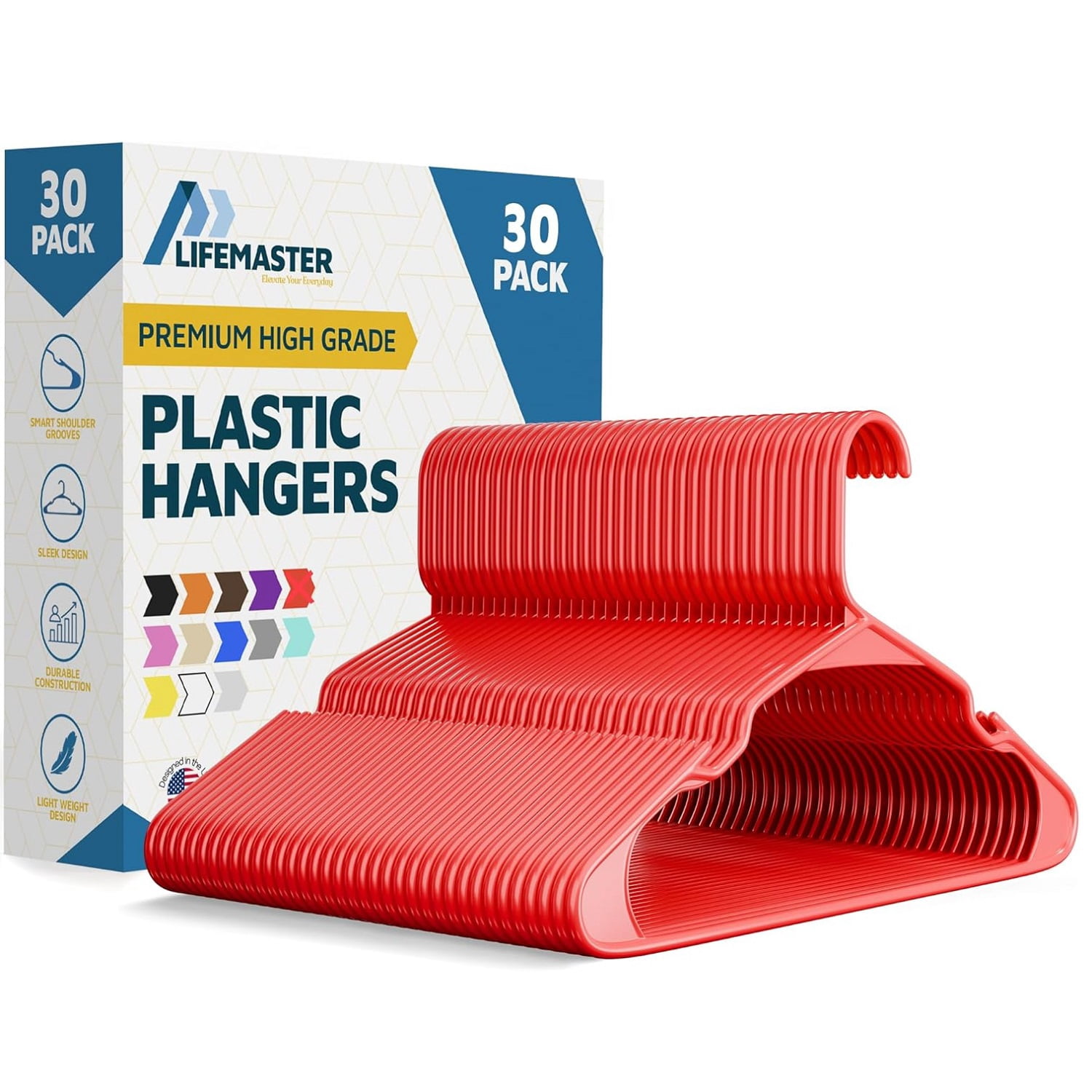 Lifemaster Plastic Clothes Hangers – Heavy Duty Hanger Set, For Organizing Clothes, Dresses, and Coat, Holds Up To 5 lbs, Space-saving Hangers with Non-Slip Shoulder Grooves, Pack of 30, Red