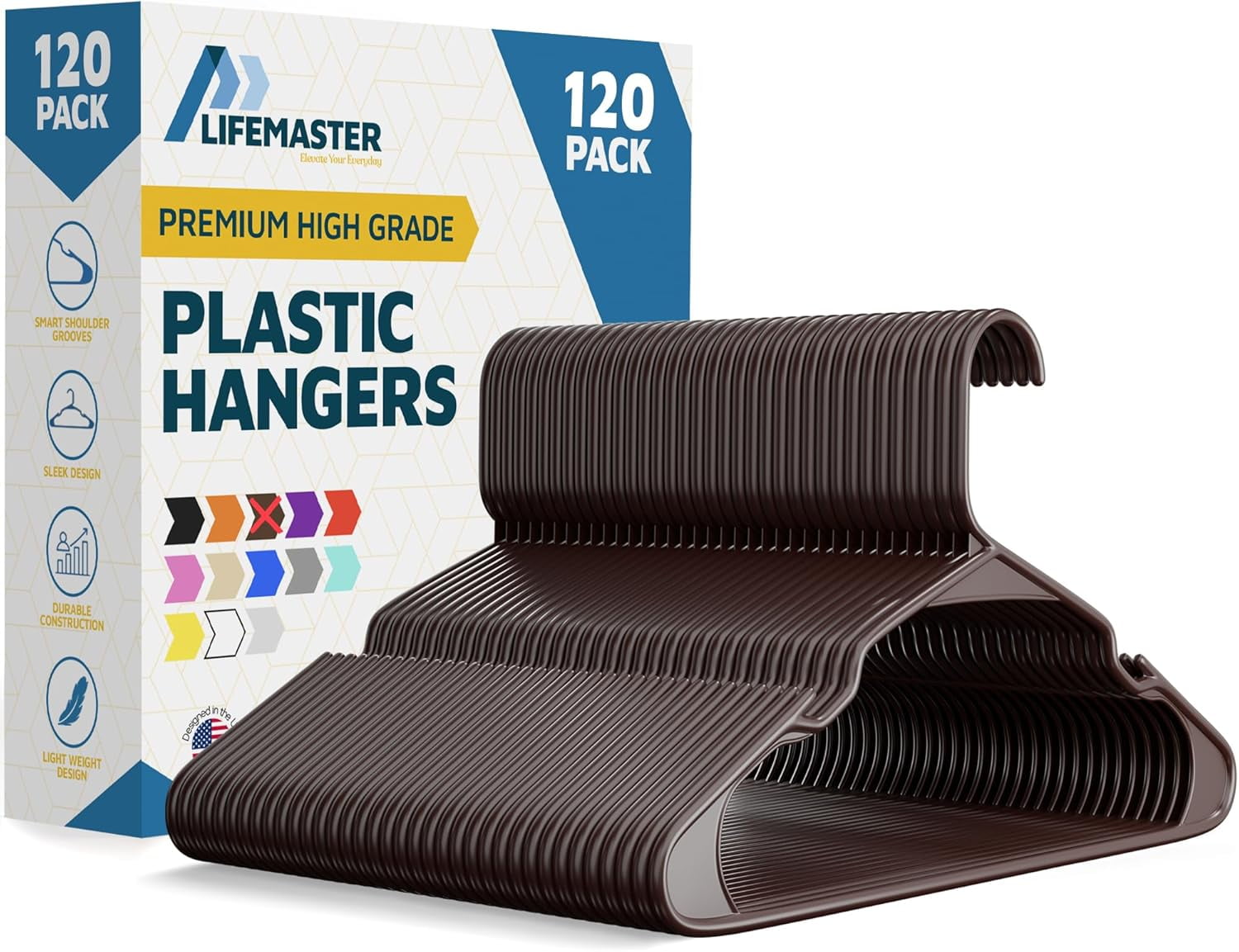 Lifemaster Plastic Clothes Hangers – Heavy Duty Hanger Set, For Organizing Clothes, Dresses, and Coat, Holds Up To 5 lbs, Space-saving Hangers with Non-Slip Shoulder Grooves, Pack of 120, Brown