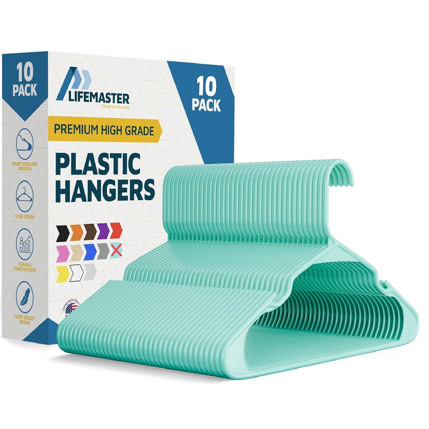 Lifemaster Plastic Clothes Hangers – Heavy Duty Hanger Set, For Organizing Clothes, Dresses, and Coat, Holds Up To 5 lbs, Space-saving Hangers with Non-Slip Shoulder Grooves, Pack of 10, Aqua