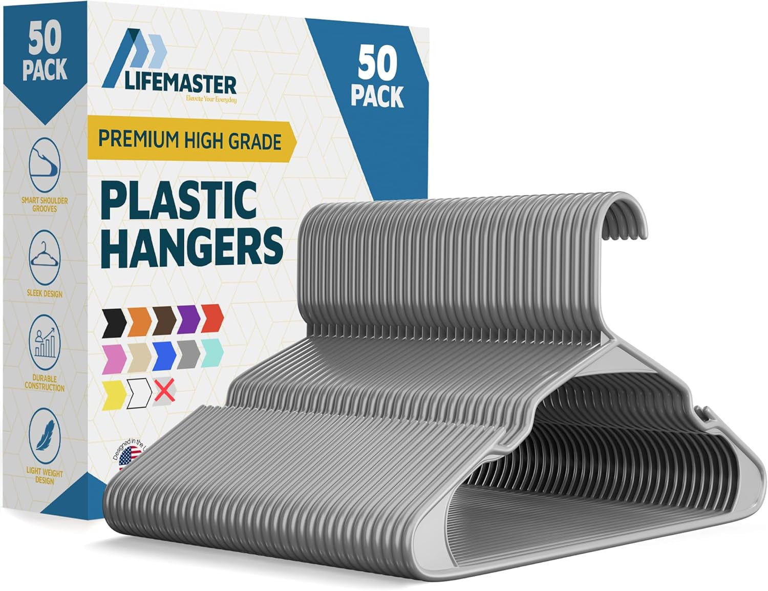 Lifemaster Plastic Clothes Hangers – Heavy Duty Hanger Set, For Organizing Clothes, Dresses, and Coat, Holds Up To 5 lbs, Space-saving Hangers with Non-Slip Shoulder Grooves, Pack of 50, Gray