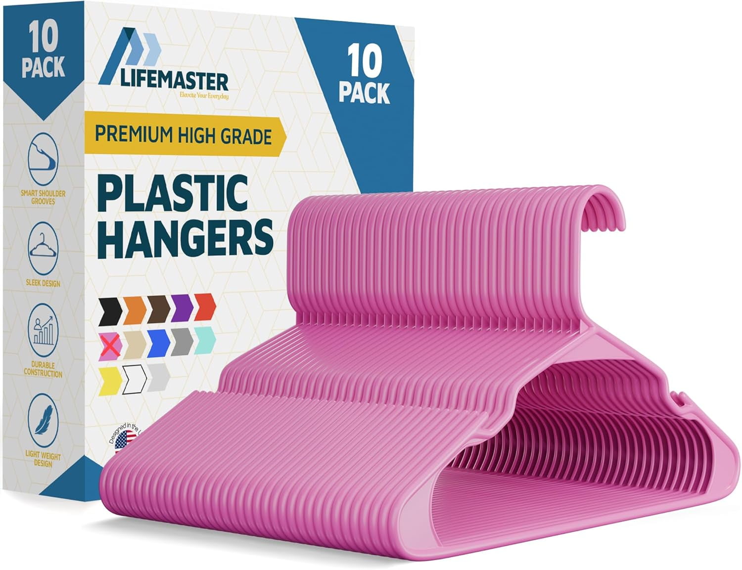 Lifemaster Plastic Clothes Hangers, Heavy-Duty Set for Shirts, Dresses, and Coats, Space-Saving Design with Non-Slip Grooves, Holds Up to 5 lbs, Pack of 10