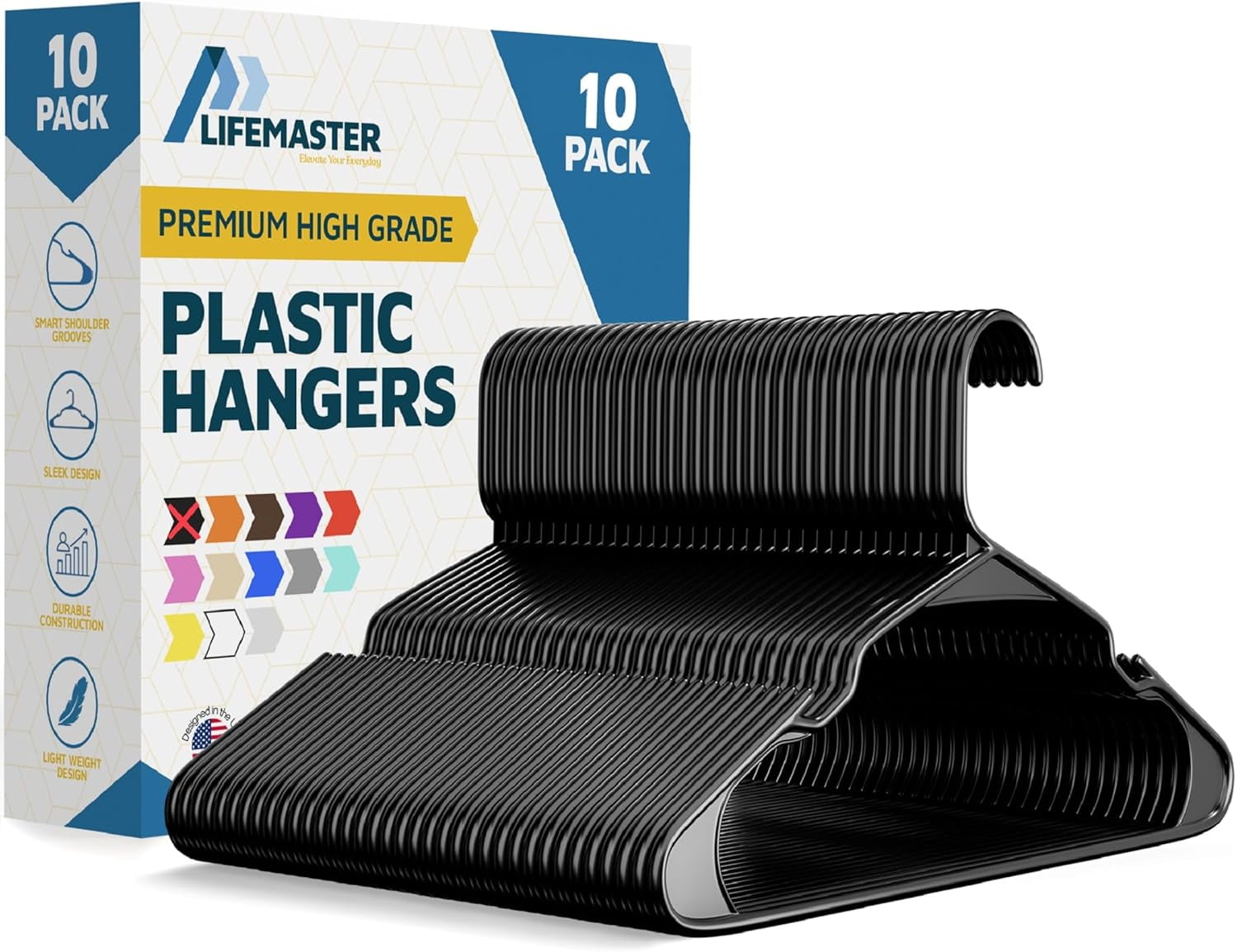 Lifemaster Plastic Clothes Hangers, Heavy-Duty Set for Shirts, Dresses, and Coats, Space-Saving Design with Non-Slip Grooves, Holds Up to 5 lbs, Pack of 10