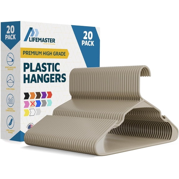 Lifemaster Plastic Clothes Hangers, Heavy-Duty Set for Shirts, Dresses, and Coats, Space-Saving Design with Non-Slip Grooves, Holds Up to 5 lbs, Pack of 20
