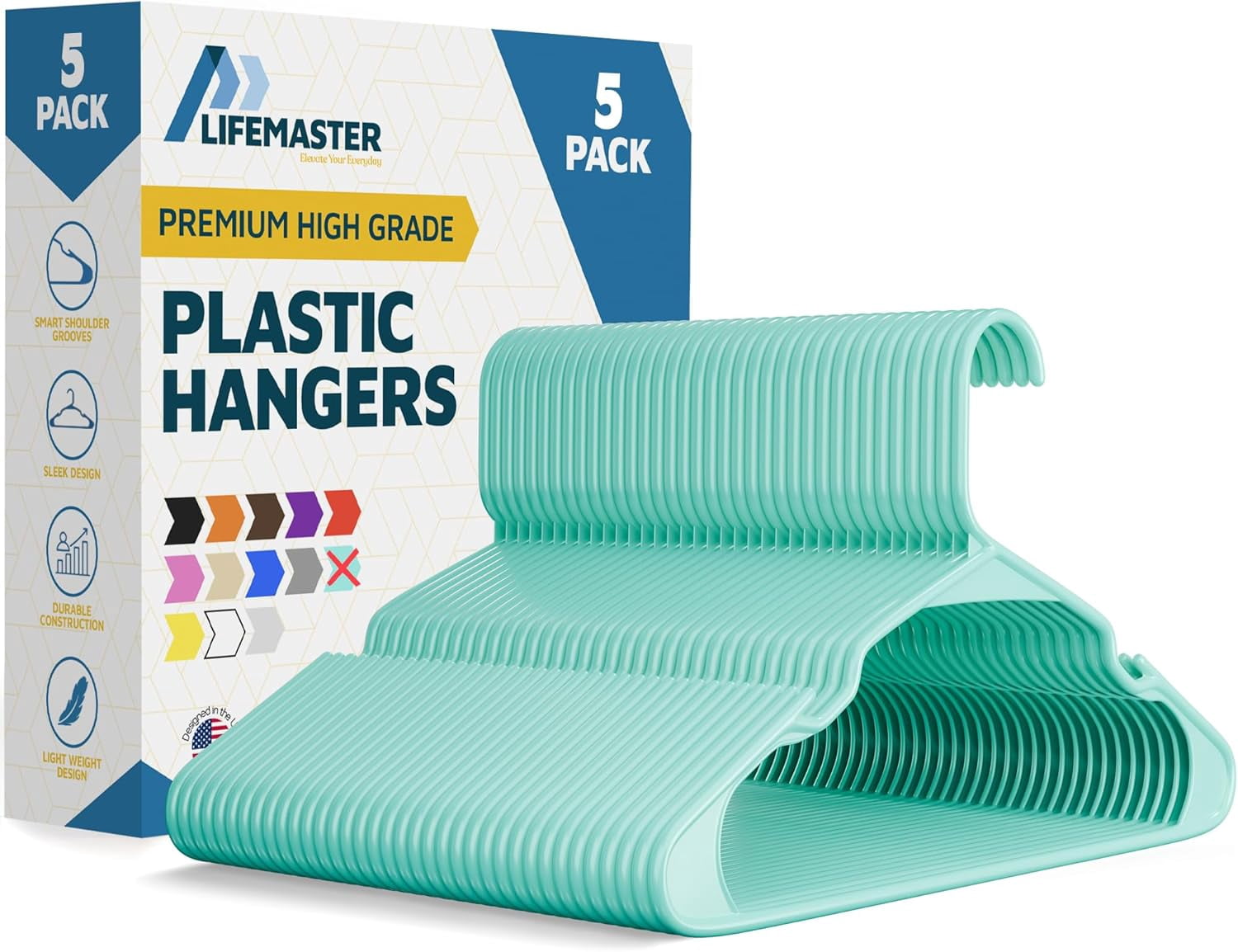 Lifemaster Plastic Clothes Hangers, Heavy-Duty Set for Shirts, Dresses, and Coats, Space-Saving Design with Non-Slip Grooves, Holds Up to 5 lbs, Pack of 5