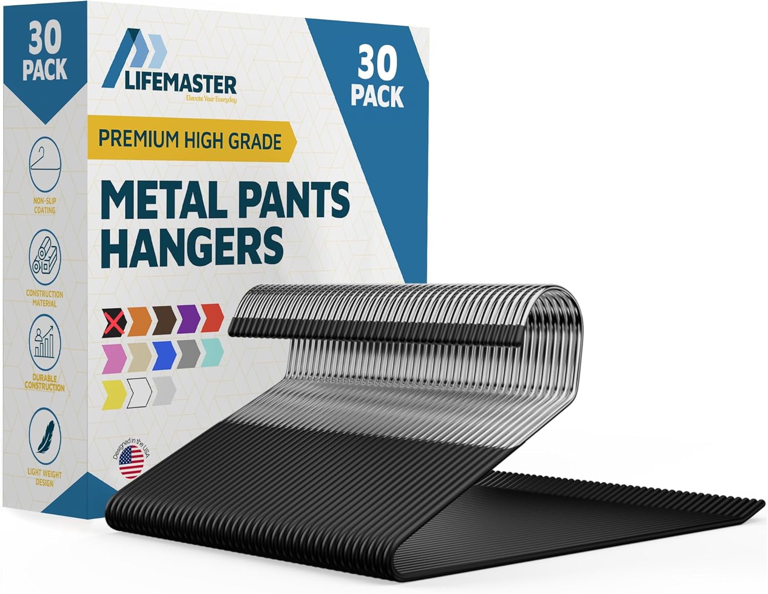 Metal Pants Hanger Set - 30 Pieces Elegant Non-Slip Closet Space Saving Hanger Set for Pants, Trouser, Blankets, and Jeans with Open Ended Sleek Design - Black