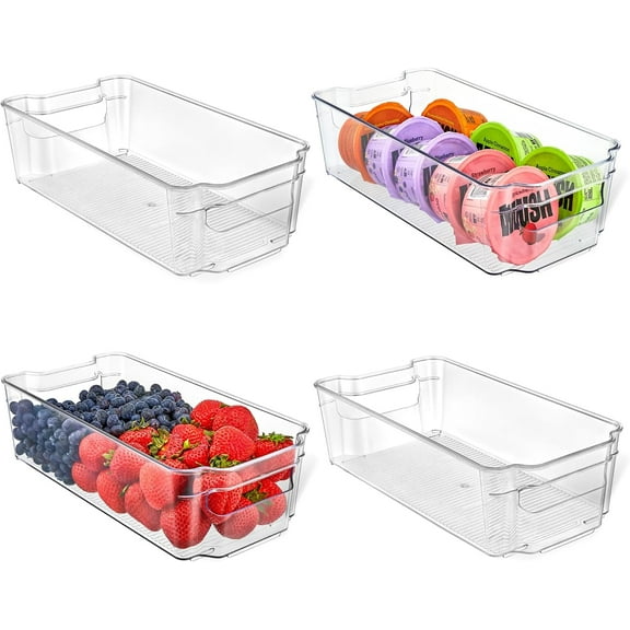 Lifemaster Refrigerator Storage Bins, 4-Piece Clear Fridge Organizer with Stackable Design and Easy-Grip Handles
