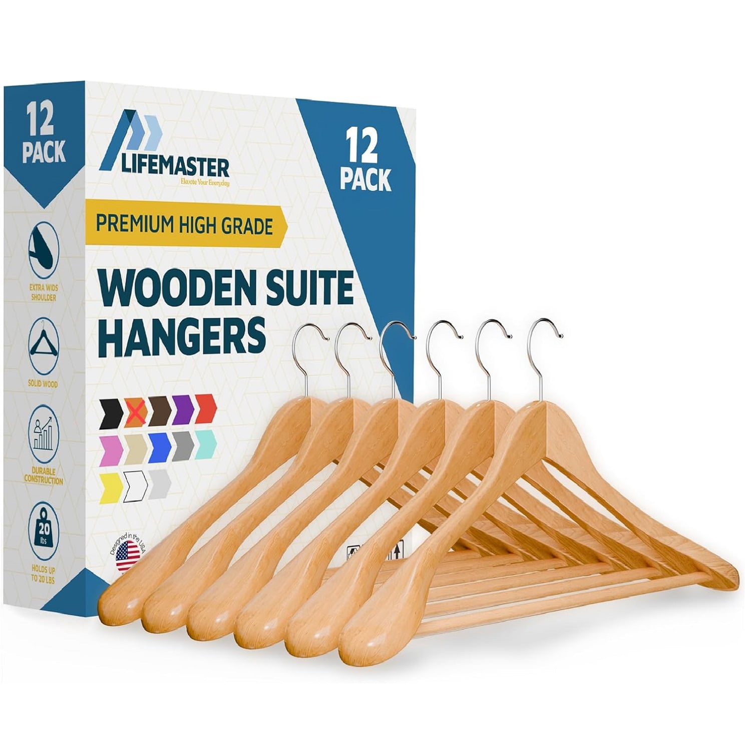 Lifemaster Solid Wooden Hanger Set - 12 Pieces Non-Slip Versatile Closet Space-Saving Hanger Set for Suit, Coat, Camisole, Jacket, Pants, and Dresses with 360° Swivel Hook