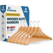 Lifemaster Solid Wooden Hanger Set - 8 Pieces Non-Slip Versatile Closet Space-Saving Hanger Set for Suit, Coat, Camisole, Jacket, Pants, and Dresses with 360  Swivel Hook