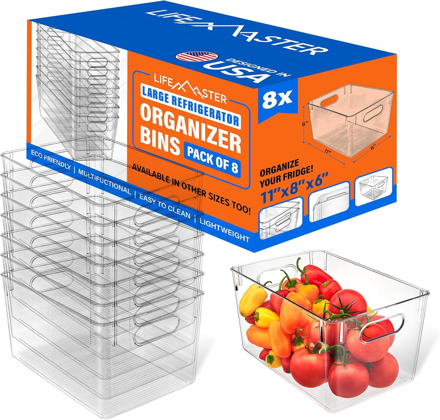 Lifemaster Stackable Refrigerator Bins - Set of 8 Large Capacity Organizers with Easy Grip Handles - Clear and Versatile for Kitchen Storage