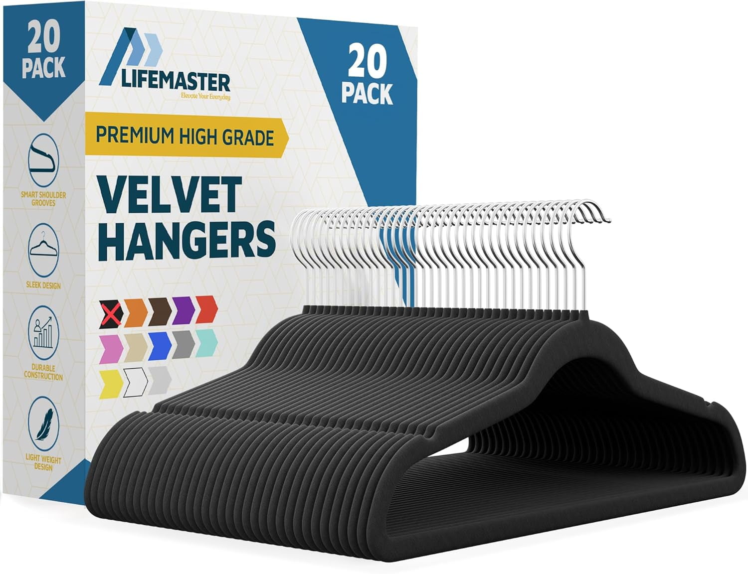 Lifemaster Velvet Clothes Hangers – With 360 Degree Swivel Hook & Non-Slip Shoulder Notch, Holds Up To 10 lbs, Heavy Duty Hanger Set, For Organizing Suit, Dress, Coat, and Clothes, Pack of 20, Black